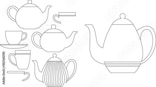 Outline Drawing of Tea Set with Teapots and Cups in Black and White Style
