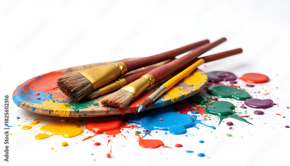Obraz premium Paintbrushes and colorful paints on a palette with splashes 
