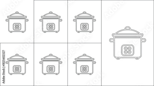 Outline Grid Featuring Seven Identical Cooking Pots, Varying In Size and Placement