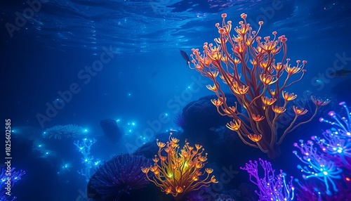 Fototapeta Naklejka Na Ścianę i Meble -  Ethereal underwater scene, bioluminescent flora and fauna shimmer,  fine art,  environment