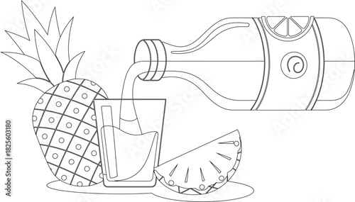 Outline of Pineapple Juice Pouring from Bottle into Glass with Fresh Pineapple Slice