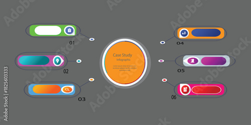Modern infographic template with six colorful steps, icons, and central case study concept for business presentations