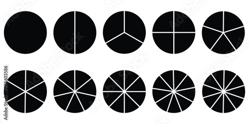 Pie chart color icons. Segment slice sign. Circle section graph. 1,2,3,4,5,6,7,8,9,10, segment infographic. Pie chart set. Wheel round diagram part symbol. Three phase, six circular cycle.