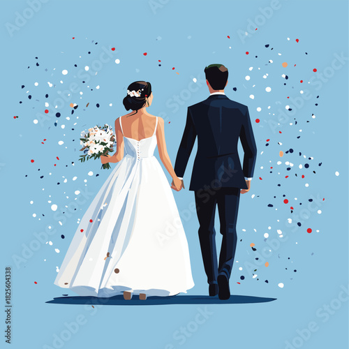 A charming flat design illustration depicts a happy bride and groom walking hand-in-hand down the wedding aisle amidst falling confetti, celebrating their union