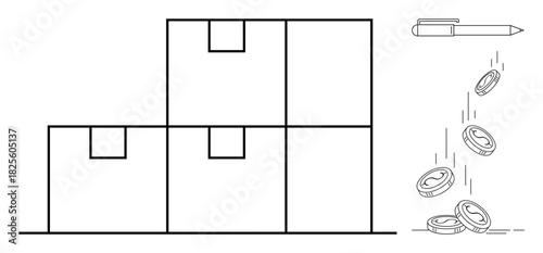 Stacked shipping boxes alongside a pen and falling coins symbolize business operations, logistics, financial planning, investment, productivity, commerce, and inventory in a simple flat metaphor