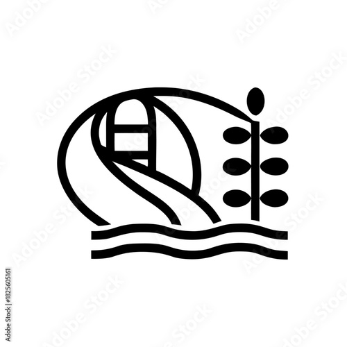 A minimalist outline icon of a curved water slide descending into a small pool wave. Clean, modern, playful, and instantly recognizable as a pool attraction.