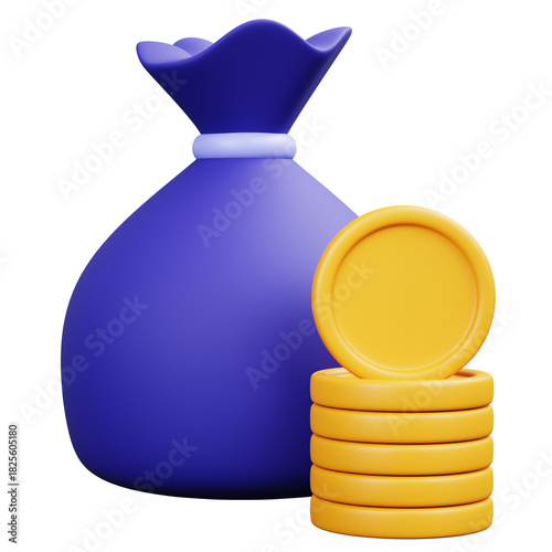 3D Rendered Wealth Money Bag with Stacked Gold Coin Icon