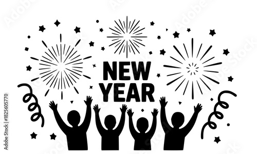 People cheering under fireworks with "NEW YEAR" text, monochrome silhouette illustration for celebration, holiday, greeting card, party, and festive event.