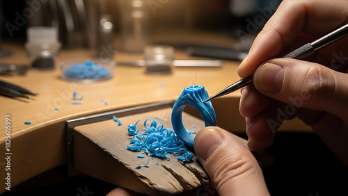 Craftsman's hands meticulously carving a blue wax ring model for custom jewelry design with precision tools