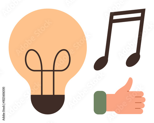 Light bulb representing ideas, musical note for creativity, and thumbs up for approval. Ideal for innovation, art, creativity, problem-solving, music positive feedback abstract ideas. Simple flat