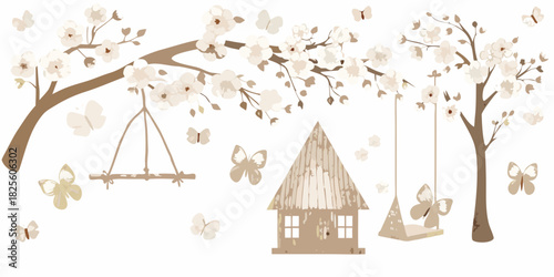 Whimsical springtime illustration with blossoms butterflies swing and a house
