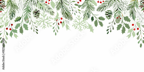 Elegant christmas foliage border with pine holly and berries on white