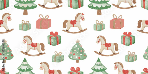 Watercolor christmas pattern with rocking horses trees and gifts