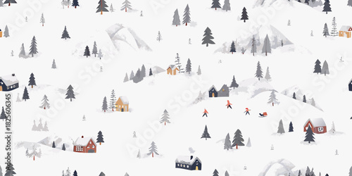 Winter landscape seamless pattern with mountains trees and houses in vector