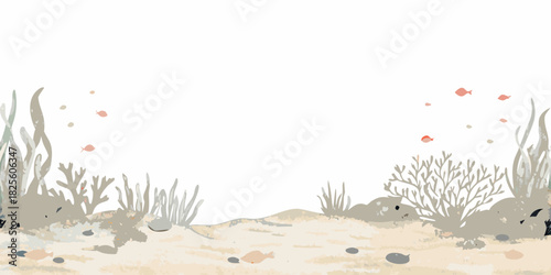Watercolor underwater scene with coral seaweed sand and fish