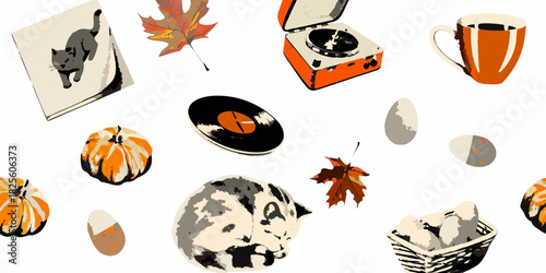 Cozy autumn still life with cat pumpkins and record player