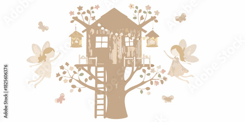 Whimsical treehouse scene with fairies and butterflies in muted earth tones