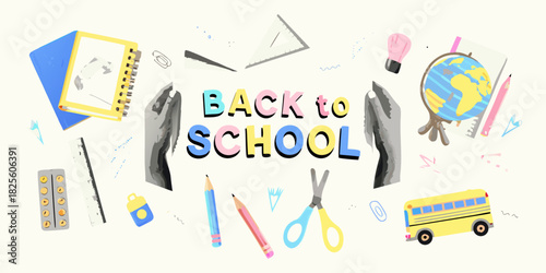 Colorful back to school illustration with school supplies and text