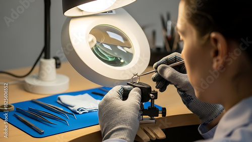 Jeweler's hands meticulously crafting fine jewelry under magnifying lamp, demonstrating precision and craftsmanship.