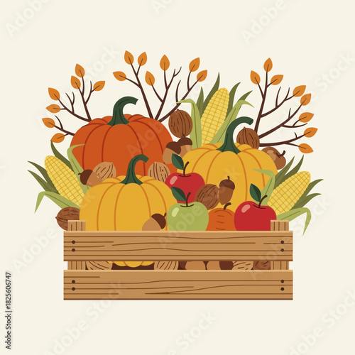 Thanksgiving harvest bounty of pumpkins apples corn and nuts in wooden crate.