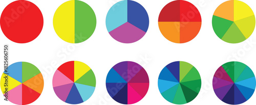 Pie chart color icons. Segment slice sign. Circle section graph. 1,2,3,4,5,6,7,8,9,10, segment infographic. Pie chart set. Wheel round diagram part symbol. Three phase, six circular cycle