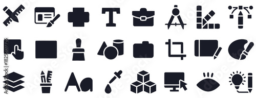 Collection of graphic design and art creation icons in dark silhouette tool