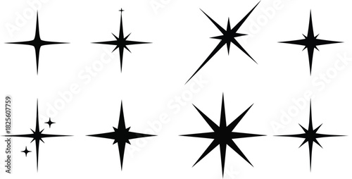 Collection of eight black starburst shapes on white background sparkle shine