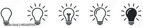 Five light bulb icons with radiating lines in black and white idea symbol