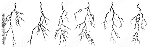 Six black lightning bolt illustrations on white background strike thunder