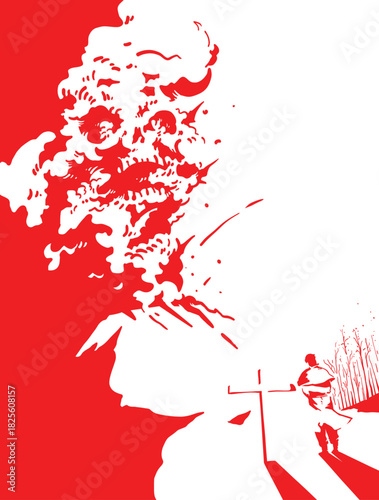 Faithful Priest Facing Skull Cloud Volcanic Eruption Apocalyptic Vision Vector Art