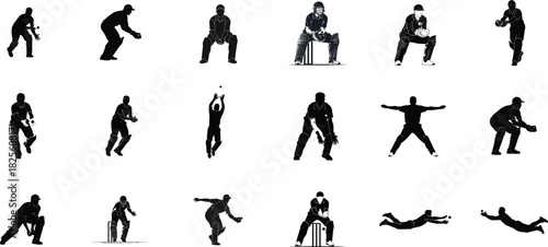Silhouettes of a cricket player different positions of fielding on transparent background