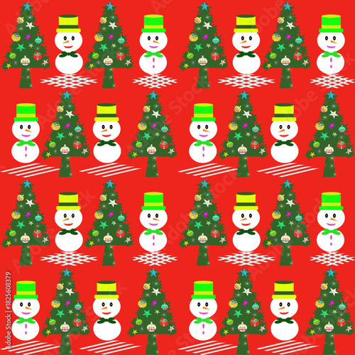 Seamless Christmas vector pattern featuring cute snowmen and decorated Christmas trees on a bright red background.