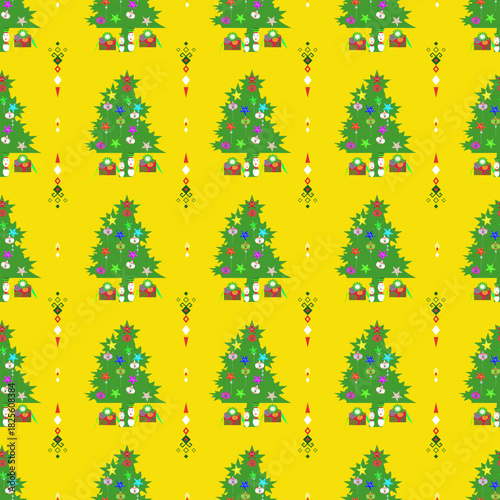 Bright yellow seamless Christmas pattern featuring decorated Christmas trees, snowmen, and festive ornaments.
