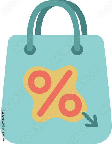 Turquoise shopping bag with percentage symbol and arrow, representing sale, promo, and special discount offers