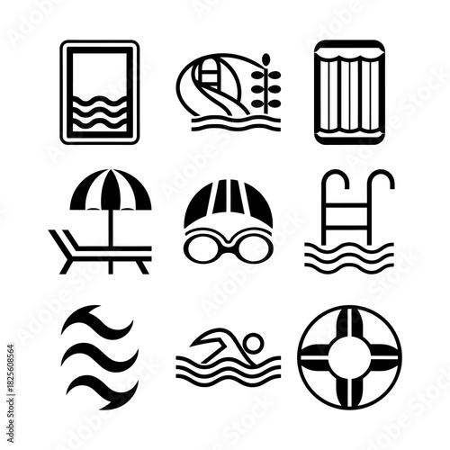 A minimalist linear icon set themed around swimming pools, featuring clean outlines and modern shapes representing pool activities, safety, and relaxation.