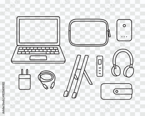 Line Art Collection of Modern Electronic Devices and Travel Accessories Minimal Flat Tech Icons – Computer, Tablet, Gadget Illustrations