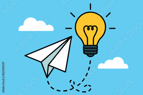 Startup idea concept with paper plane flying toward light bulb, representing business innovation, creative thinking, inspiration, problem-solving, project launch, entrepreneurial success, 