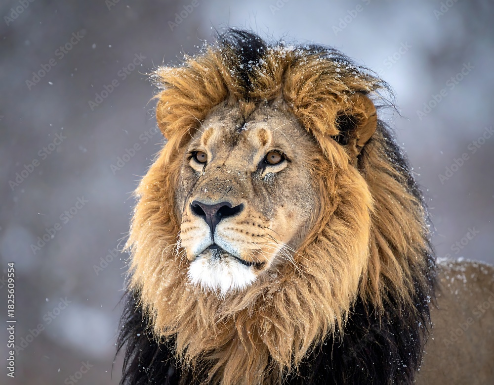 Fototapeta premium Close-up of a majestic male lion with a full mane, looking alert with snowflakes on its fur in a snowy environment