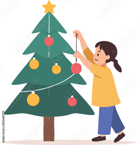 Cute little girl happily decorating a Christmas tree with colorful ornaments for the winter holidays, celebrating festive traditions
