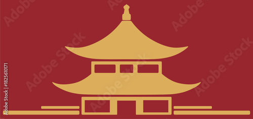 Golden Chinese Pavilion Silhouette on Red Background