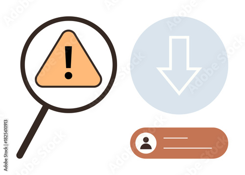 Magnifying glass over warning sign, download arrow, and user identification bar. Ideal for cybersecurity, data analysis, risk management, file sharing, user authentication, system alerts simple flat