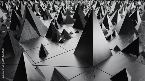Abstract Geometric Landscape A Dynamic Array of Sharp Pyramids Creating a Modern Angular Terrain in Striking Black and White Perfect for Futuristic and Technological Visuals.