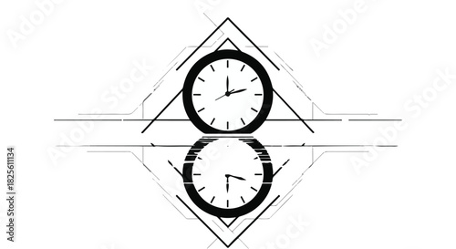 Abstract geometric design with a clock reflecting in a mirror, symbolizing time and precision.
