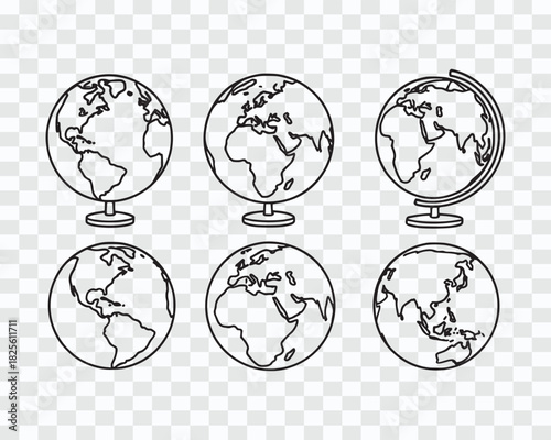 Collection of Line Art Earth Globes with Different Views, Global Geography Outline Icons, Earth Globe Line Drawing Vector Set