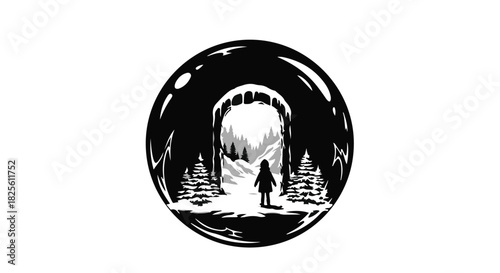 Lone figure walks through icy archway into a snowy landscape, symbolizing journey and discovery.