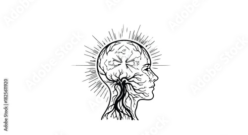 Illustration of a human head profile with intricate neural pathways and radiating light, symbolizing thought and consciousness.