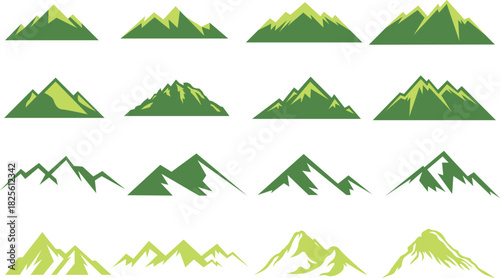Green mountain peak hill landscape icons set shapes vector