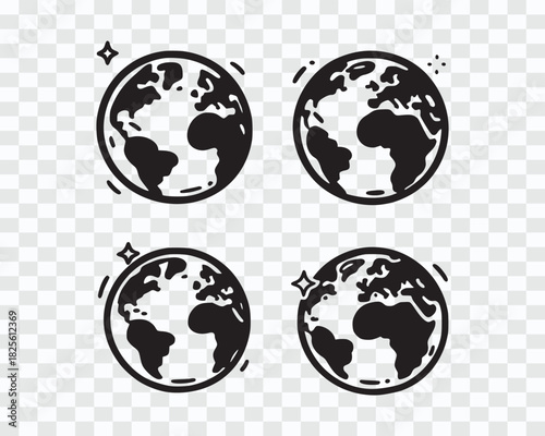 Set of Hand-Drawn Planet Earth Icons Minimal World Map Globe Line Art Collection