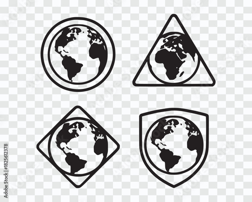 Global Earth Icons Collection in Geometric Shapes Black & White Globe Outline Icon Set Hand-Drawn World Globe Outline Pack