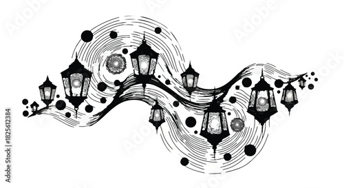 Whimsical decorative lanterns illuminate a swirling, abstract night sky with glowing orbs.